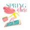 Lettering Spring is here on card with girl on smartphone in a hurry to sale with shopping bags. Discount banner for advertising.
