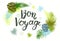 Lettering with text Bon Voyage with tropical leaves. Shades of green blue and gray. Summer theme.