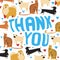 Lettering with text Thank you with pets, dogs, cats, flat vector stock illustration on white background as a gratitude and