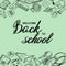 Lettering Welcome Back to School banner with texture from line art icons of education, science objects  on the green background.