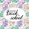 Lettering Welcome Back to School banner with texture from line art icons of education, science objects  on white oval shape and co