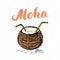 Lettering word aloha with Hand drawn Sketch coconut typographic design sign, Vector Illustration