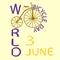 lettering World Bicycle Day and old brown bicycle and yellow June 3 inscription on a light background