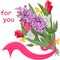 Letters bright bouquet of lilac and tulips with ribbon and words for you