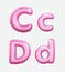 Letters C, D,bublle. Font bubble gum. 3D render set of pink cartoon. Bubble Gum isolated on white background