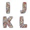 Letters I, J, K, L. Set colorful alphabet of doodles patterns.