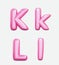 Letters K, L,bublle. Font bubble gum. 3D render set of pink cartoon. Bubble Gum isolated on white background