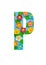 The letters P of the English alphabet is cut out of flowers on a blue  background.Floral pattern, texture for stores,sales,