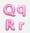 Letters Q, R,bublle. Font bubble gum. 3D render set of pink cartoon. Bubble Gum isolated on white background