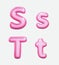 Letters S, T,bublle. Font bubble gum. 3D render set of pink cartoon. Bubble Gum isolated on white background