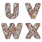 Letters U, V, W, X. Set colorful alphabet of doodles patterns.