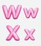 Letters W, X,bublle. Font bubble gum. 3D render set of pink cartoon. Bubble Gum isolated on white background