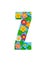 The letters Z of the English alphabet is cut out of flowers on a blue  background.Floral pattern, texture for stores,sales,