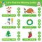 Letâ€™s find the missing letter. Preschool worksheet with Christmas theme