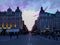 Leuven, Belgium; 10/28/2018: Colorful sunset between two typical belgian buildings in Leuven, Belgium, Europe