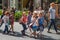 LEUVEN, BELGIUM - SEPTEMBER 05, 2014: Unknown group of the kindergarten children on a walking around the city center in Leuven.
