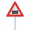 Level crossing with barrier or gate ahead road sign, isolated signpost and traffic signage, large detailed closeup