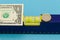 Level tool usd dollar banknote euro coin on blue