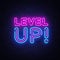 Level Up Neon Text Vector. Level Up neon sign, design template, modern trend design, night neon signboard, night bright