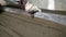 Leveling the floor of a large construction spatula. The worker pours the floors with mortar. The builder is working on pouring the