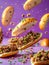 Levitating Beef Tacos with Ground Meat, Fresh Herbs and Cookie Crumbs on a Vibrant Purple Background
