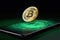 Levitating Bitcoin over a smartphone screen with blockchain and bitcoin images on display. 3D rendering
