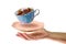 Levitating blue teacup with tea and pink saucer over the woman`s hand