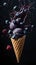 Levitating blueberry ice cream cone with splashes against a dark background creates a dynamic food scene. AI