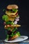 Levitating burger slices. Flying food. Hamburger bun, double chicken cutlet with cheese, lettuce, arugula and radish. Meat,