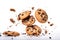 Levitating chocolate chip cookies against a neutral white surface. Generative AI