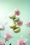 levitating flying macaroons with pink roses composition