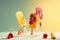 Levitating ice cream popsicles with strawberries on pastel background. Flying ice cream, summer dessert, frozen fruit juice. AI