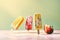 Levitating ice cream popsicles with strawberries on pastel background. Flying ice cream, summer dessert, frozen fruit juice. AI