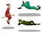 Levitating men in costumes of Santa Claus and elfs