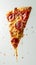 Levitating pepperoni pizza slice with dripping cheese and tomato sauce splashes, white background