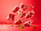 Levitating Raw Lamb Chops with Rosemary on Vibrant Red Background High Quality Meat Cut Presentation