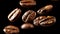 Levitating roasted coffee beans on black background for a captivating visual display