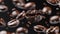 Levitating roasted coffee beans with falling motion on dark background in stunning display
