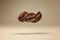 Levitating roasted coffee beans on light pastel background with copy space for text