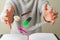 Levitating school supplies for math - notebook, pen, ruler, pencil, divider and eraser on yellow background. Concept of education