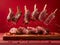 Levitating Sliced Grilled Lamb Chops with Herbs and Spices on Wooden Cutting Board on Red Background