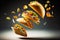 levitating tacos in air with meat lime vegetables mexican fast food