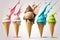 Levitation five ice cream cones on white background