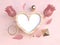 Levitation objects wood frame heart shape 3d rendering pink rose valentine love concept