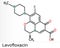 Levofloxacin, fluoroquinolone antibiotic molecule. It is used to treat bacterial sinusitis, pneumonia. Skeletal chemical formula