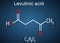 Levulinic acid molecule, is a crystalline keto acid prepared from levulose, inulin, starch. Structural chemical formula on the