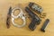 Lfirearm lying on the table, metal police handcuffs