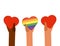 LGBT banner, hands holding hearts, rainbow heart in the center, flag.