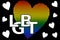 LGBT banner, pointintilised heart with rainbow fill and small white hearts on black background, white letters LGBT