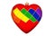 LGBT community rainbow flag pattern on red heart shape glass ball white background isolated closeup, LGBTQ pride symbol Ð¡hristmas